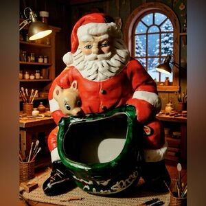Vintage and Festive 1991 Houston Foods Co. Ceramic Santa w/Rudolph Planter